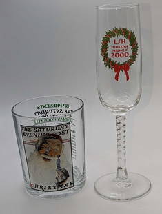 Norman Rockwell & LSH Christmas Glass And Champagne Flute: Norman Rockwell & LSH Christmas Glass And Champagne Flute. This lot includes: (1) The Saturday Evening Post Santa Claus Norman Rockwell Drinking Glass. This is approx 3 1/4 x 3 1/4" x 4 1/8&#