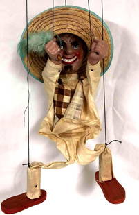 Vintage Mexican Man With Sombrero Marionette: This lot contains a vintage Mexican man with a sombrero Marionette string puppet. This retro toy was made out of wood, felt, straw and string in Mexico. It is the perfect addition to any puppet collec