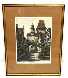 Framed & Signed Ernst Geissendorfer Rothenburg Markusturm Colored Etching: This lot contains a Framed & Signed Ernst Geissendorfer Rothenburg Markusturm Colored Etching. The frame is approx 13 3/4" x 1/2" x 17 1/4" while the artwork itself is approx 11 1/4