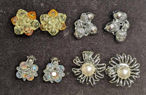 Vintage Unsigned AB Crystal And Faux Pearl Clip On Earrings Lot Of 4: Vintage Unsigned AB Crystal And Faux Pearl Clip On Earrings Lot Of 4. This lot contains:  (1) Unsigned Set Of Yellow Orange AB Crystal Cluster Gold Tone Made In West Germany Clip On Earrings. Each is