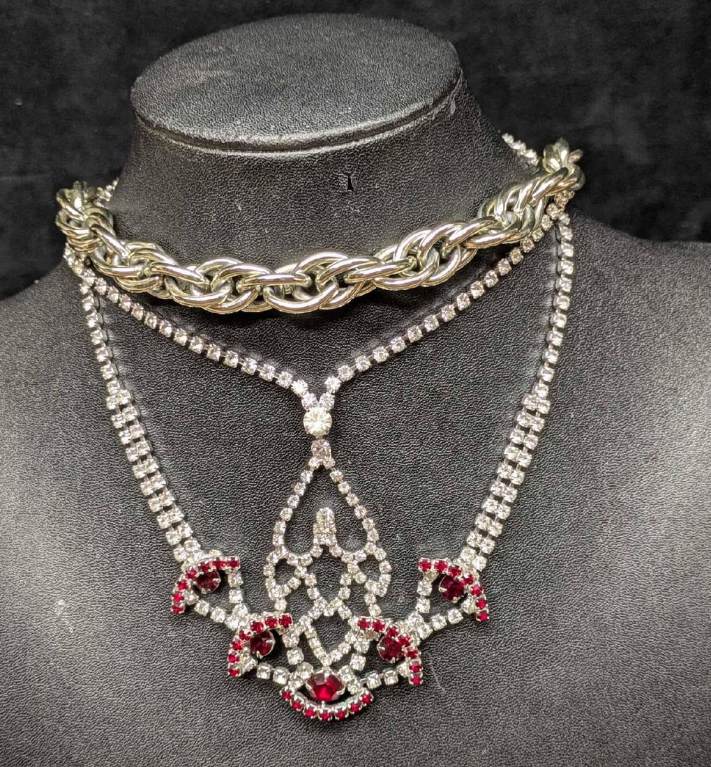 Vintage Silver Tone Chain And Rhinestone Necklaces Lot Of 3 (1 of 12)