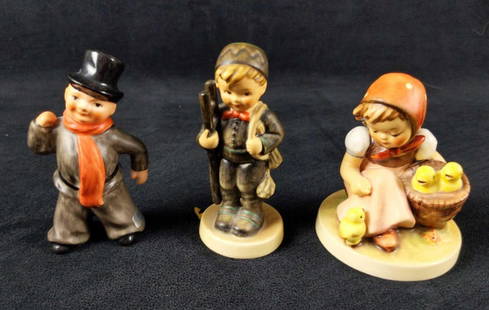 3 Vintage Goebel Hummel Hats Birds Ladders Figurines: This lot includes:   (1) Chick Girl. 57/0 HUM. TMK-5. Is approx 3&#34; x 3&#34; x 4&#34;. Is in good, vintage condition with no known damage.  (1) Chimney Sweep. 12 2/0. TMK-6. Is approx 2&#34; x 2&#3