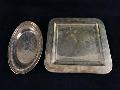 Vintage - Antique Lot of Oval & Square Silver Plated Serving Dishes: Vintage - Antique Lot of Oval &amp; Square Silver Plated Serving Dishes . This lot of two dishes is in good condition . Measurements as follows :  Square Dish 10&#34; x 10&#34; Oval Dish 5.5 x 9&#34;