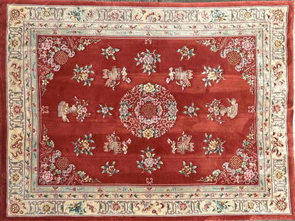 Amiri Chinese Oriental Hand Knotted 8 x 10 Red Floral Rug R155: Each end has some thread fraying and light staining. Handmade multicolor fabric piece with oriental origin. Tag underneath the rug reads: Amiri Rug# 04223 0184, Desc: Chinese 90 90L 5/8&#34;. This ite