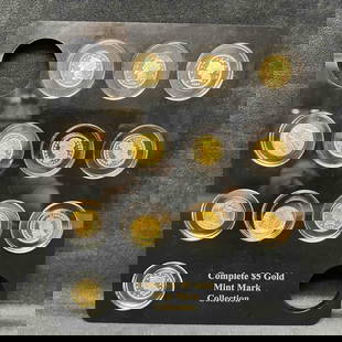 Collection of Gold Plated Silver Coins $5 Mint Mark Collections 12 Coin Set: This $5 Gold Mint Mark Collection includes several gold plated silver coins with several different Mint marks. Includes 12 coins total. Each coin includes rigid plastic coin case. These items are in p