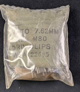 Sealed NATO 7.62 MM Ball M80 5 RD Clip Pouches: Sealed NATO 7.62 MM Ball M80 5 RD Clip Pouches. Comes with stripper clips. Is approx 5" x 1 1/4" x 5 1/2" and it weighs under one pound at 0.42lb.&nbsp;