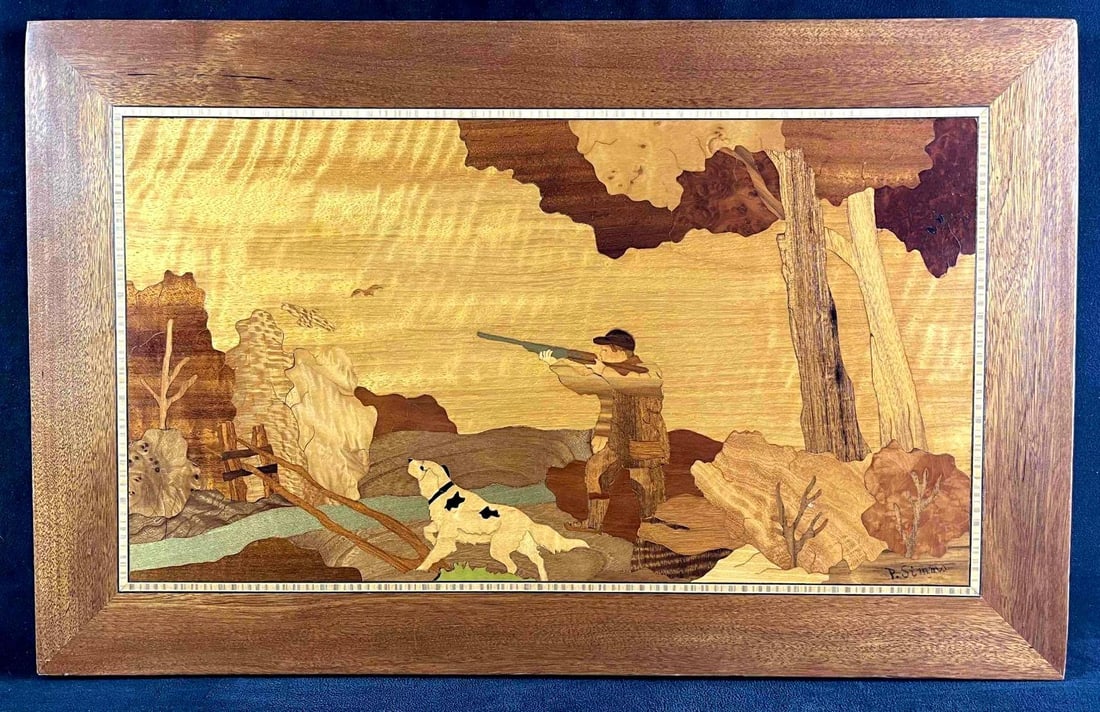 Hunter and Dog Marquetry Wood Inlay Art: Hunter and Dog Marquetry Wood Inlay Art This is a sweet picture of a dog and his owner hunting ducks. The work is done in a technique called marquetry. Marquetry differs from the more ancient craft of