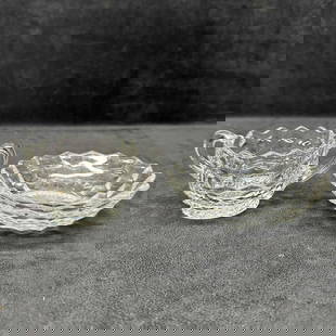 Fostoria American Clear Glass Set Bowl Dish and Double Handle Cup Cubist Pattern: The Fostoria American Clear glass pieces are from the American pattern. This pattern, known for its block geometric design, and was produced until 1988. A few of the glassware pieces show minor scratc