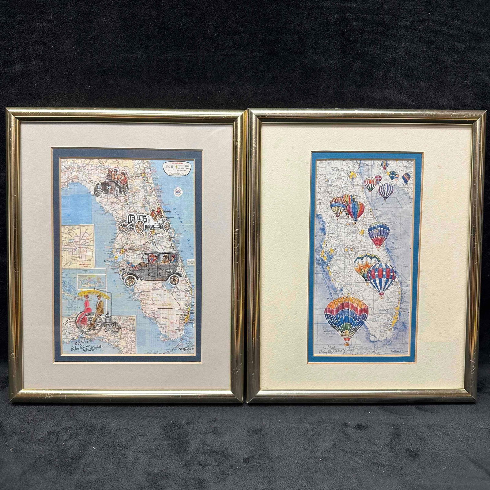 Phyllis Sheffield Florida Automobiles and Hot Air Balloon Signed & Numbered Framed Prints: Signed and numbered by the artist in the bottom left corners. The State of Florida Automobiles print is numbered 54/400 and the Hot Air Balloon print is numbered 76/400. Minor scuffs and wear on the g