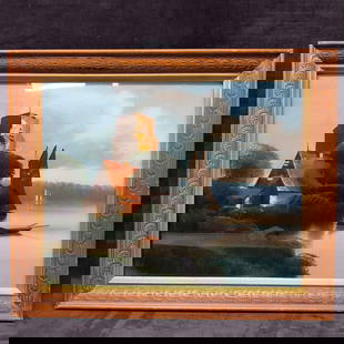 Mid Century Modern Water Landscape Oil Painting on Glass Artwork Framed Mother Of Pearl Inlay Art: Mid Century Modern Water Landscape Oil Painting on Glass Artwork Framed Mother Of Pearl Inlay Art. This framed art piece features an oil painting on glass. There is a mother of pearl inlay showcased o