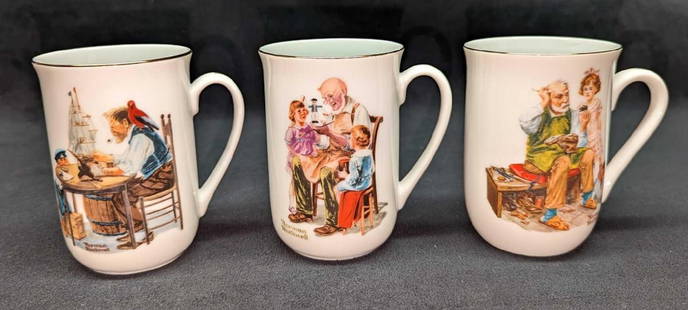 3 Norman Rockwell Museum Porcelain Cups B: 3 Norman Rockwell Museum Porcelain Cups A. This set includes: (1) The Cobbler. (1) The Toymaker. (1) For A Good Boy. Each is approx 4" x 2 3/4" x 4" and