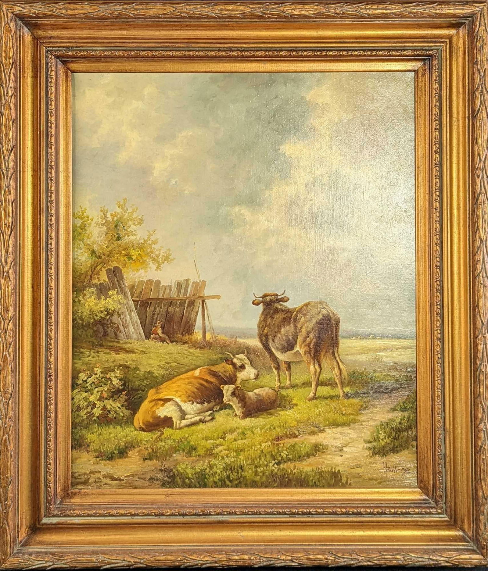 Original Bullard Oil On Canvas Cow Family: An original oil painting on canvas of a group of cows by Bullard (b. 1913). The original is signed by the artist on the bottom right. The framed original is approx 28" x 2" x 32" and it weighs 3.5lbs.