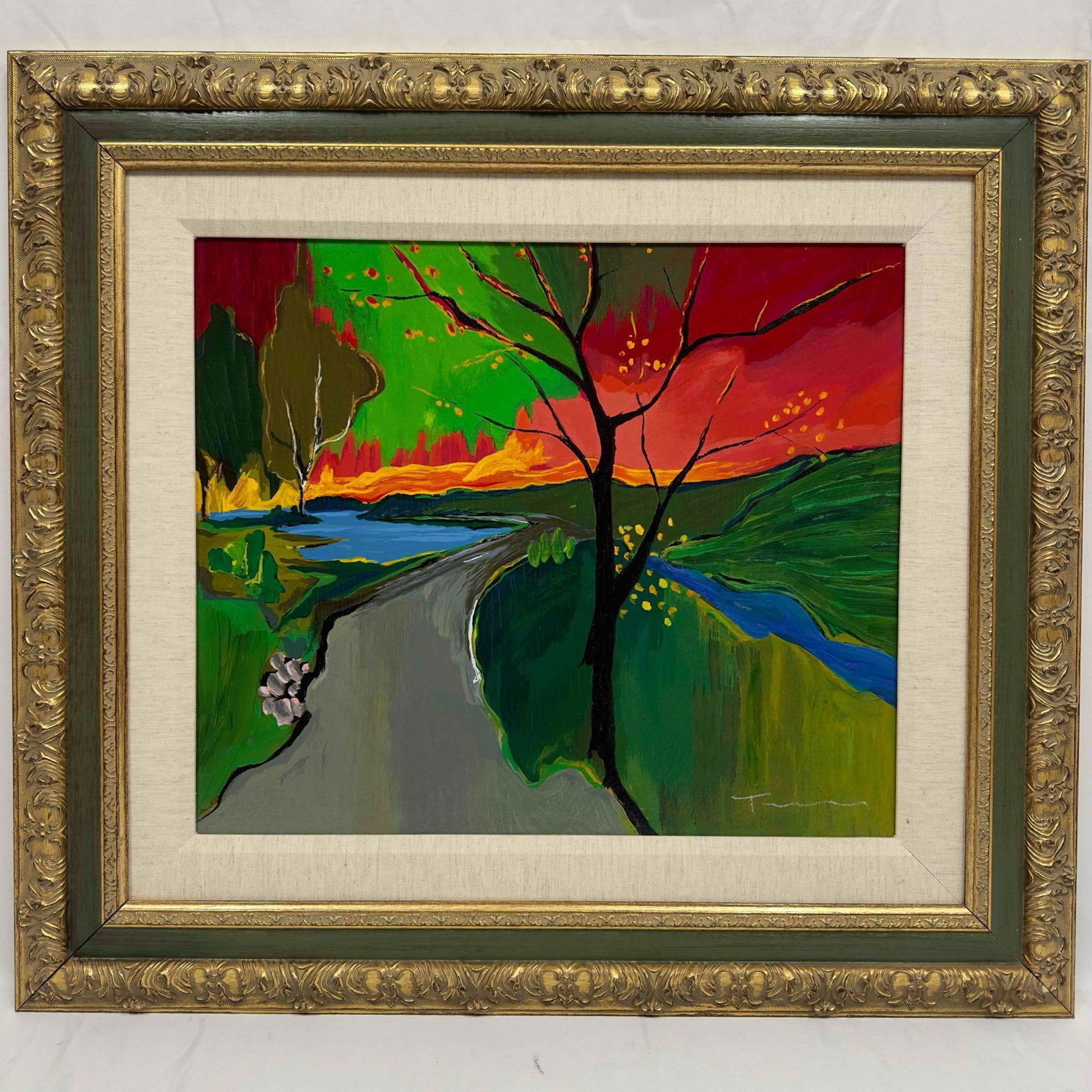 Attributed Itzchak Tarkay Landscape Fire on the Hill 20th Century Acrylic Painting Art Canvas R92 (1 of 19)