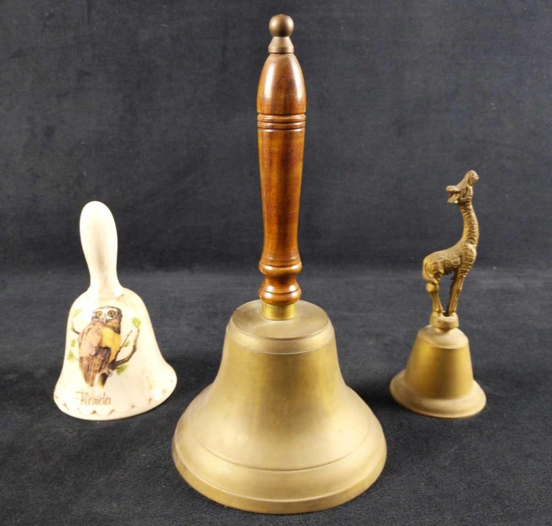 3 Vintage Brass Ceramic Giraffe Owls Bells (1 of 9)