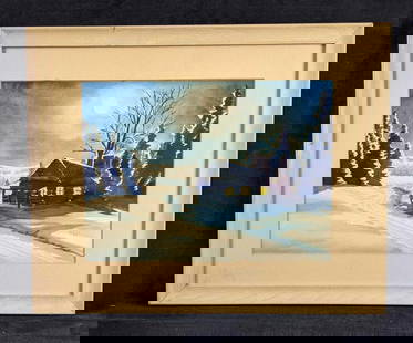 Winter Landscape with Cabin by J.L.K: ??????This framed Winter scape is rich and cozy. The artist&#39;s signature J.L.K is on the painting. It is in good condition with slight water damage on the bottom and a small scratch on the frame.