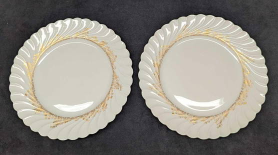 Retired Haviland Ladore 2 Dinner Plates: Retired Haviland Ladore 2 Dinner Plates. This Gold on White series of fine china was released in 1962 - 1988. The dinner plates are approx 10" x 10" x 1 1/8" and together they weigh 2.47lbs. The