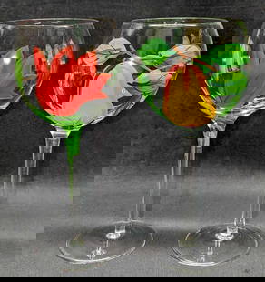 2 Tall Stem Hand Painted Fruit Flowers Wine Glasses: 2 Tall Stem Hand Painted Fruit Flowers Wine Glasses. Its maker and date of creation are unknown. Each glass is approx 4" x 4" x 8 1/2" and the total weight is 0.64lb. The glasses are in a good, used