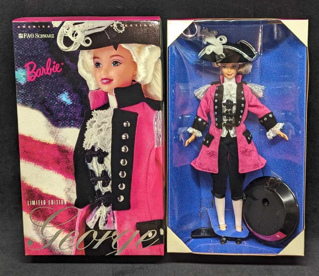 Barbie 1996 LE George Washington FAO Schwarz: Barbie 1996 LE George Washington FAO Schwarz. This was released by Mattel in 1996. Comes in its original box that is approx 8" x 3" x 13 1/2" and it weighs 1.04lb. The box has some shelf wear and the