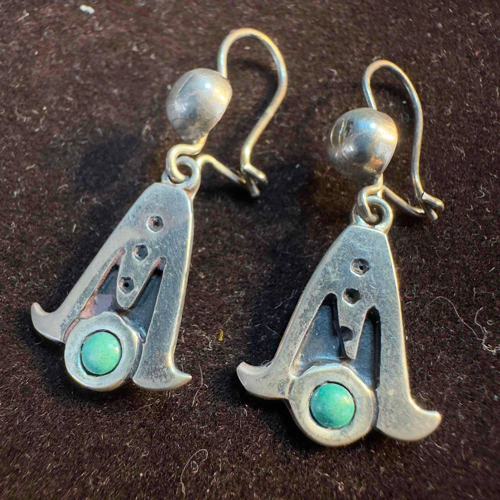 Taxco Lotus Flower Style Sterling Silver Green Turquoise Earrings B85 (1 of 3)