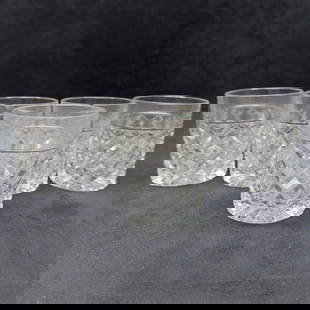 Set of Five 5 Cut Crystal Double Old Fashion Whiskey Cocktail Glasses: Set of Five 5 Cut Crystal Double Old Fashion Whiskey Cocktail Glasses. A beautiful set of five cut crystal (DOF) whiskey glasses featuring a classic crosshatch and diamond pattern. Each glass has a th