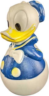 Vintage Roly Poly Tumbling Plastic Donald Duck Toy: Vintage Disney Roly Poly tumbling plastic Donald Duck toy. This toy is weighted in the bottom and no matter how you push on it, it gets right back up. It's in good used condition with moderate scuffin