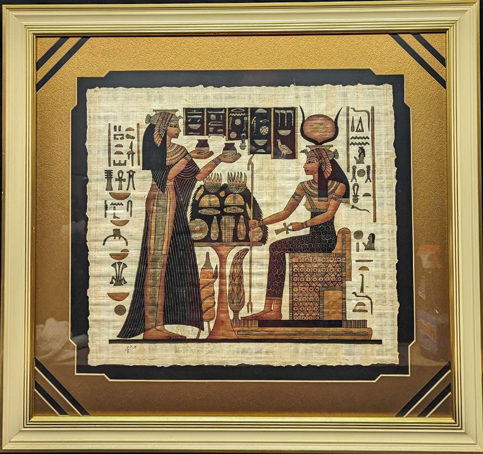 Vintage Framed Signed Egyptian Papyrus Painting Meeting (1 of 7)
