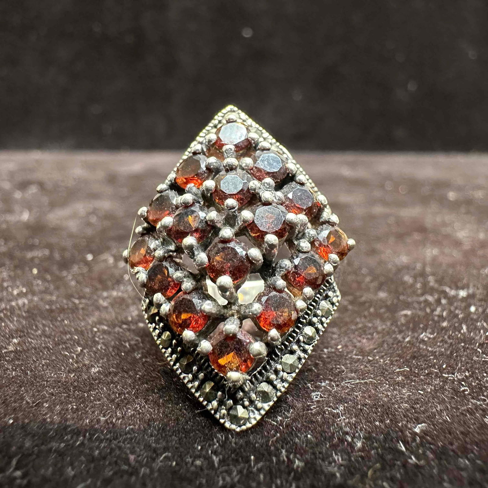 Red Garnet Cluster Marcasite Large Diamond Shape Style Sterling Ring (1 of 8)