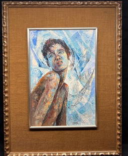 P. Baruch Framed Original Oil R72: P. Baruch Framed Original Oil  Original oil painting signed &#34;P Baruch&#34;. The painting shows a boy with a blue and white background. In good condition, with some wear to the frame.  Approximate