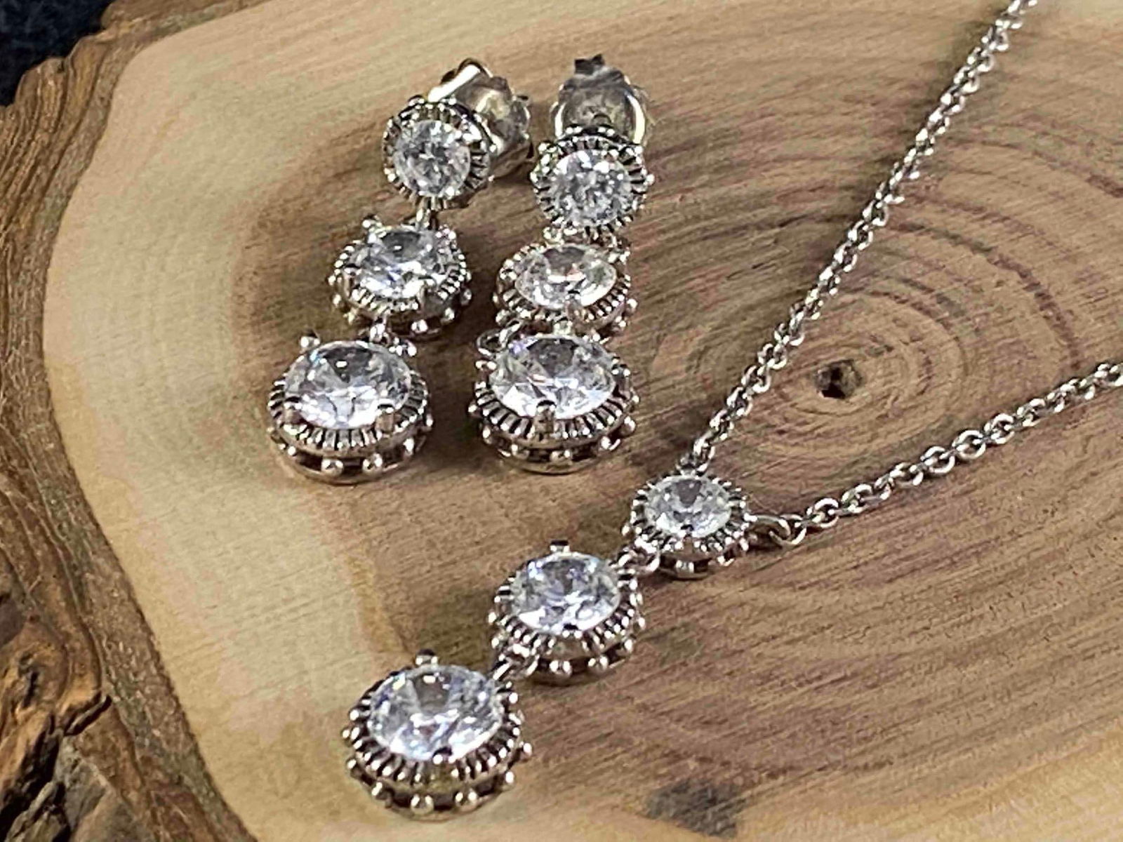 Vintage Sterling LENOX CZ Past Present Future 3 Stone Earrings & Pendant Set (1 of 4)