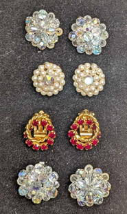 Vintage Gold Silver Tone Faux Pearl AP Crystal Clip On Earrings: Vintage Gold Silver Tone Faux Pearl AP Crystal Clip On Earrings. This lot includes:  (1) Set Of AB Crystal Silver Tone Clip On Earrings. Each is approx 1&#34; x 1&#34; x 3/4&#34; (1) Set Of AB Crystal