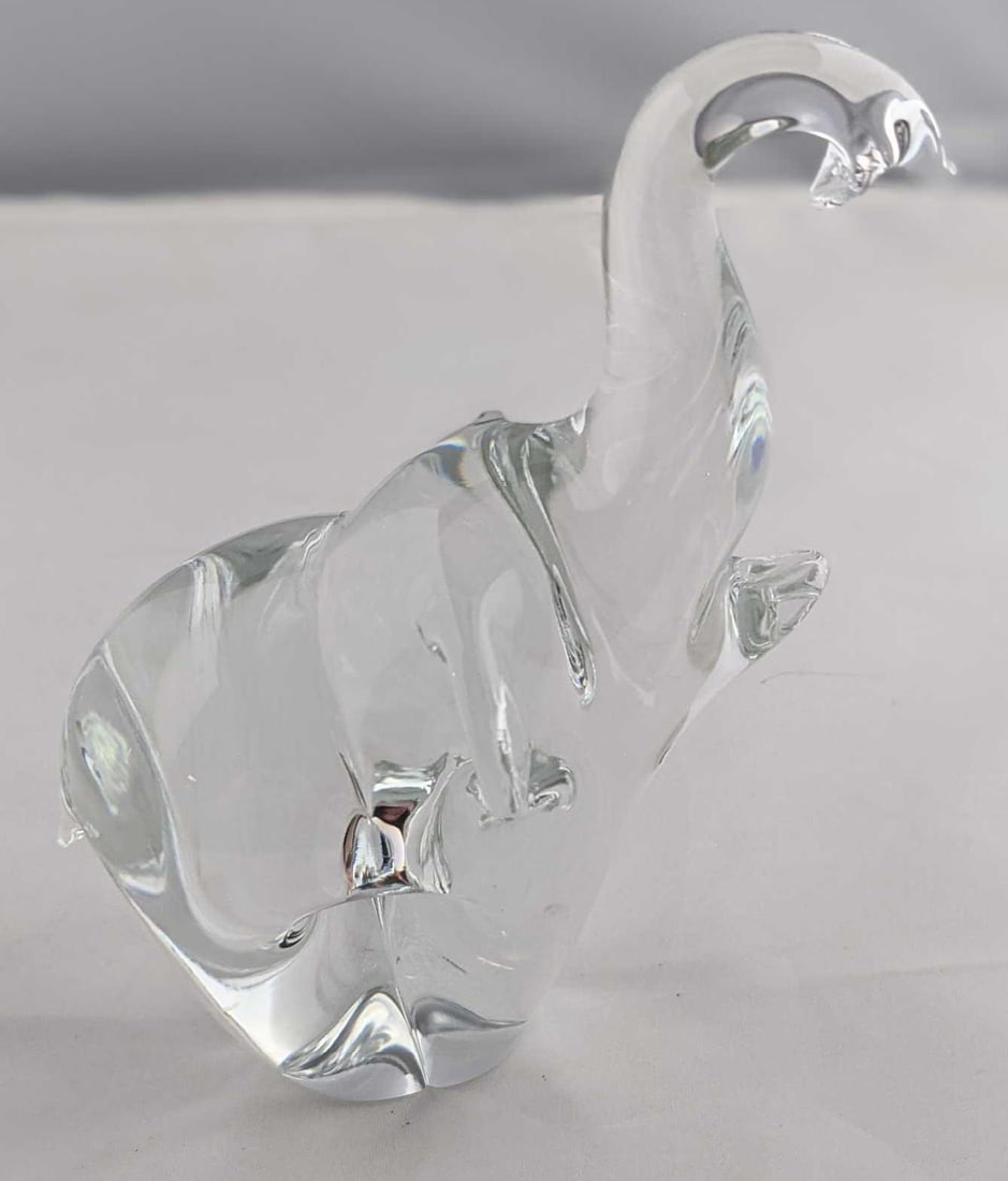 FM Konstglas Sweden Handmade Elephant Figurine Paperweight Mid Century Modern: Vintage mid-century modern Swedish art glass figurine, by FM Konstglas of Renneby, Sweden, depicting an elephant with trunk up. Is approx 5" x 1" x 6". The figurine is in a good, vintage condition wit