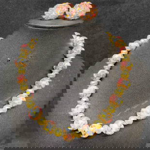 Venetian Murano Art Glass Lamp Work White Round Beaded Necklace and White Floral Earrings Set D93: Venetian Murano Art Glass Lamp Work White Round Beaded Necklace and White Floral Earrings Set D93. Necklace and earrings with white colored glass beads with beautiful hand painted designs on each. The