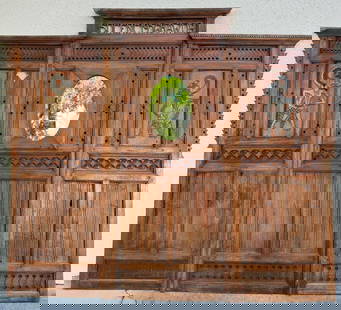 Antique Indonesian Teak Wood Three Panel Privacy Screen with Mirror 1936: Antique Indonesian Teak Wood Three Panel Privacy Screen. Sucenci 1936 Sinawur is carved above the middle panel portion which we believe to be Javanese, loose interpretation, &#34;Spreading Purity&#34;