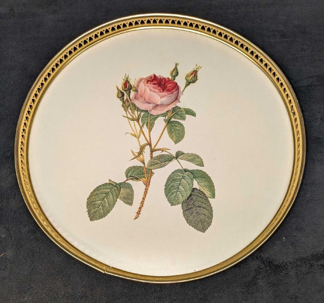 Vintage Woodmet Rose Serving Tray: Vintage Woodmet Rose Serving Tray. This is approx 15 1/4" x 15 1/4" x 1 1/4" and it weighs 1.50lb. There are some light markings on the tray. A wire has been strung up on the back so it could be hung 
