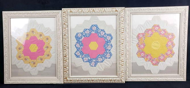 Lot of 3 Framed Handmade Quilted Art Pieces: Lot of 3 Framed Handmade Quilted Art Pieces.&nbsp;These three handmade quilted artworks are in overall great used condition. The works have no known signs of damage to them. The four works have a radi