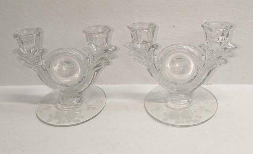 2 Glass Duncan Miller Floral Etched Double Candlestick Holders: 2 Glass Duncan Miller Floral Etched Double Candlestick Holders. Each is approx 7" x 5" x 5 5/8" and the total weight is 3.17lbs. The double candlestick holders have no chips or cracks. There are some