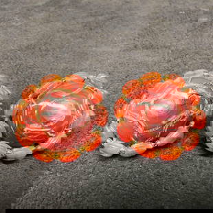Murano Venetian Art Glass Lamp Work Red Round Beaded Earrings D32: Murano Venetian Art Glass Lamp Work Red Round Beaded Earrings D32. Earrings with red glass beads with beautiful designs on each. The earrings feature copper swirl accents. The earrings feature a paddl