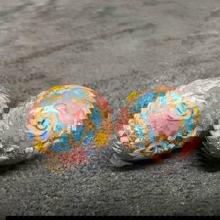 Murano Venetian Art Glass Lamp Work Blue Floral Fiorato Round Bead Earrings D41: Murano Venetian Art Glass Lamp Work Blue Floral Fiorato Round Bead Earrings D41. Earrings with blue colored glass beads with beautiful hand painted designs on each. The earrings feature floral and cop