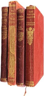 4 Antique Books John Ruskin HG Wells Charles Kingsley: This lot includes:  (1) Sesame And Lilies By John Ruskin. Was published By Collins Clear-Type Press (London) during the 1920s. The book is approx 4&#34; x 3/4&#34; x 6&#34;. There is some spine damage