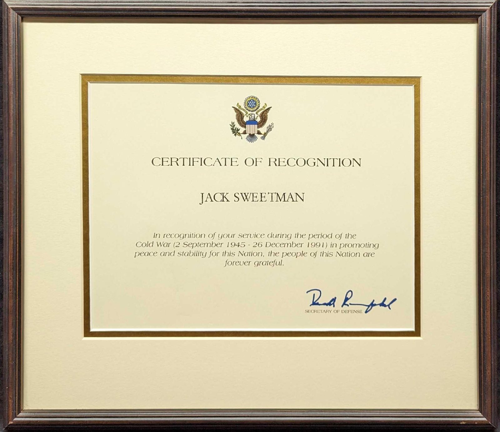 Framed Donald Rumsfeld Certificate Of Recognition (1 of 5)