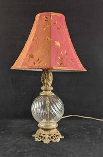 Vintage Lamp with Glass Base: Vintage Lamp with Glass Base Used condition. Age wear and some spots on the lampshade. Nice lamp. It works with a regular outlet and any light bulb.  6lbs 26in tall