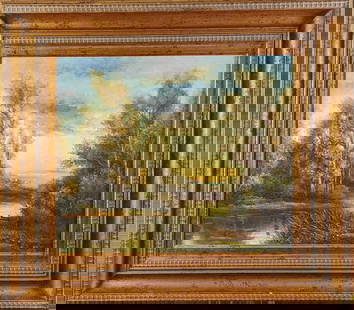 Vintage Framed Original Acrylic On Canvas: Vintage Framed Original Acrylic On Canvas. This unsigned original shows a river surrounded by trees, along with a house in the background. On the river, a lonely fisherman slowly takes in the scenery.