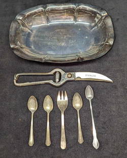 Lot of Silver Plate Spoons Fork & Stainless Steel Shears: Lot of Silver Plate Spoons Fork &amp; Stainless Steel Shears. This lot includes:  (1) Vintage Reed &amp; Barton #1607 Bread Tray Bowl. This is approx 11&#34; x 5/8&#34; x 7 1/4&#34;. The tray has some