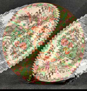 Vintage Painted Chinese Style Plate: Vintage Painted Chinese Style Plate This plate is beautifully painted with greens pinks and gold. This depicts flowers, birds, and a family. This plate is in good condition with only some wear on the