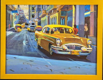 Framed Original Acrylic Taxi Service: Here is a colorful original acyclic on canvas that shows an assortment of vehicles driving down the street, including an old taxi cab. This original is not signed by the artist. The framed canvas is