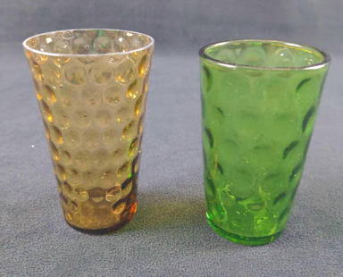 Vintage Coin Dot Mini Drinking Glasses: This lot of small glasses are perfect for water, highballs and more. This lot consists of:  (1) Green. This is approx 2 1/4&#34; x 2 1/4&#34; x 3 1/2&#34;. Has no known damage. (1) Sort of light amber