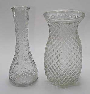 2 Vintage Pressed Glass Vases: 2 Vintage Pressed Glass Vases. This lot includes:  (1) Vintage Pineapple Glass Vase. This is approx 3 1/2&#34; x 3 1/2&#34; x 5 1/2&#34;. It has some markings on the glass. (1) Vintage Glass 6&#34; Bu