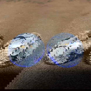 Blue Glass Silver Colored Foil Bead Round Earrings H46: Blue Glass Silver Colored Foil Bead Round Earrings H46. Earrings with blue glass beads with beautiful designs on each. The earrings feature silver colored foil accents. The earrings feature a butterfl