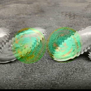 Murano Venetian Art Glass Lamp Work Circle Clear Green Copper Accents Earrings F93: Murano Venetian Art Glass Lamp Work Circle Clear Green Copper Accents Earrings F93. Earrings with clear green colored glass beads with beautiful designs on each. The earrings feature copper accents. T