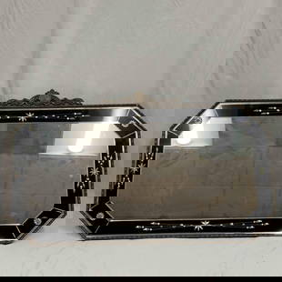 Black Floral Wall Mirror 42" Long Etched Glass Flower Design Wood Resin Frame: Beautiful Black Floral Etched Glass Wall Mirror 42&#34; Long. This mirror features a wooden resin frame mount. While the glass mirror has a detailed design around the edges. There are four raised acry